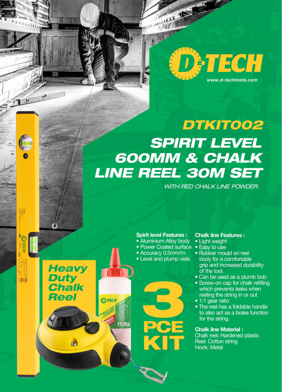 D-TECH DTKIT002 Spirit Level 600mm and 30m Chalk-Line